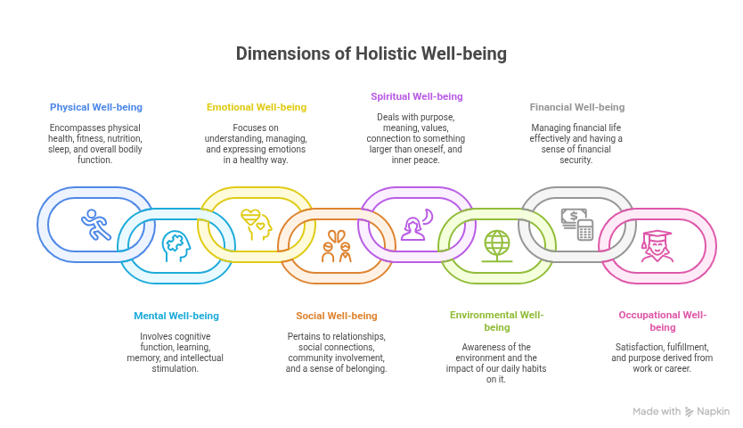 Holistic well-being is an approach to wellness that considers the whole person, recognizing the interconnectedness of physical, mental, emotional, social, and spiritual health. It's not merely the absence of disease or illness, but a state of thriving in all aspects of life. Instead of focusing on isolated symptoms or problems, holistic well-being seeks to address the root causes of imbalances and promote overall harmony.